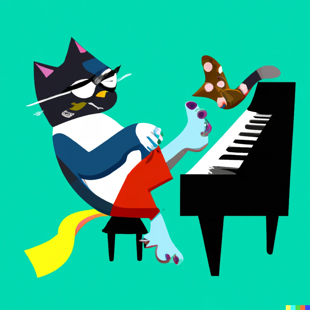 Prompt: cat playing piano with foot in disney animation style.