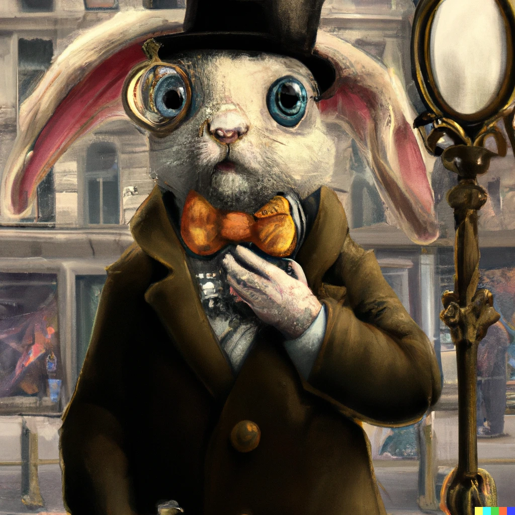 Prompt: A lost Easter bunny with a monocle, in Manhattan, with a broken pocket watch, wearing a hat, looking utterly confused, digital art