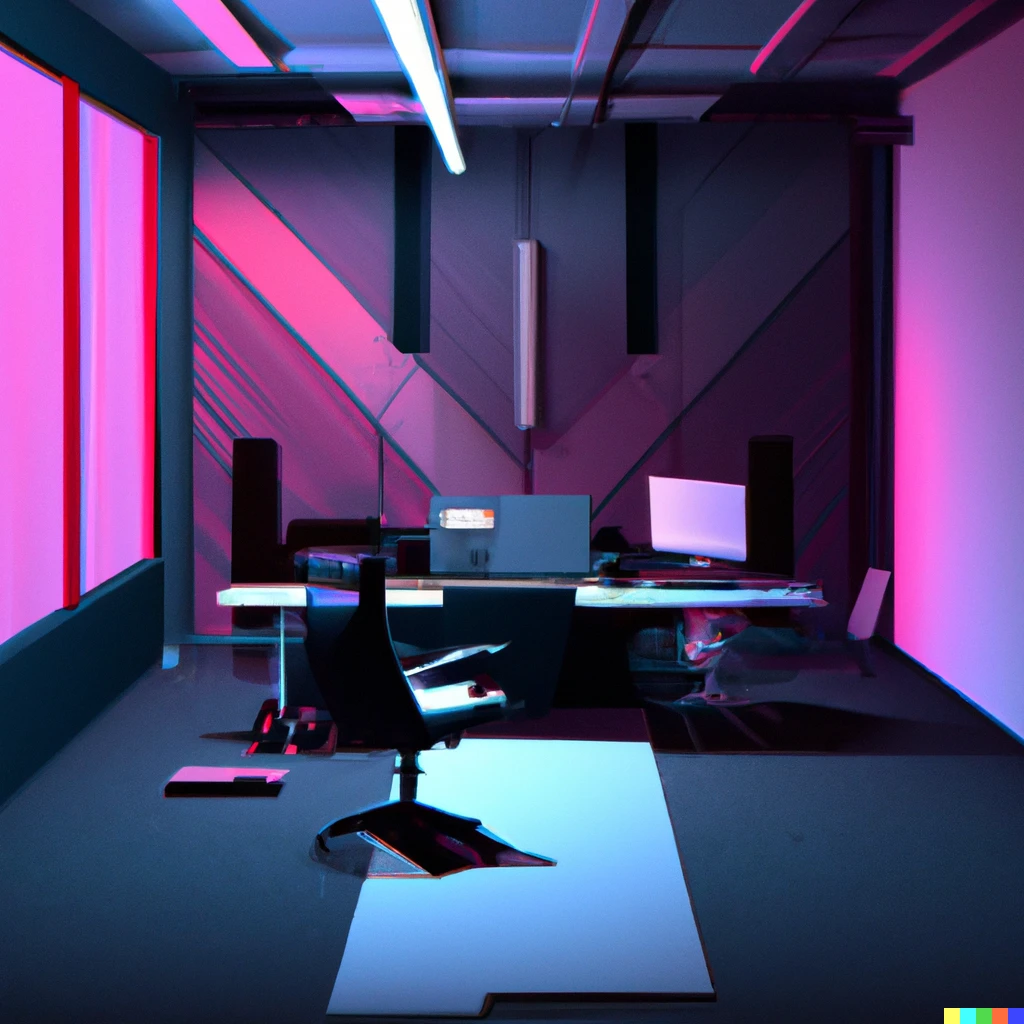 Prompt: A photorealistic image of a synthwave inspired office interior design
