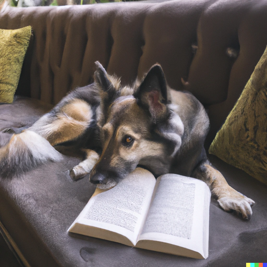 Prompt: a mixed breed dog sitting on a couch reading a paperback, in a coffee shop