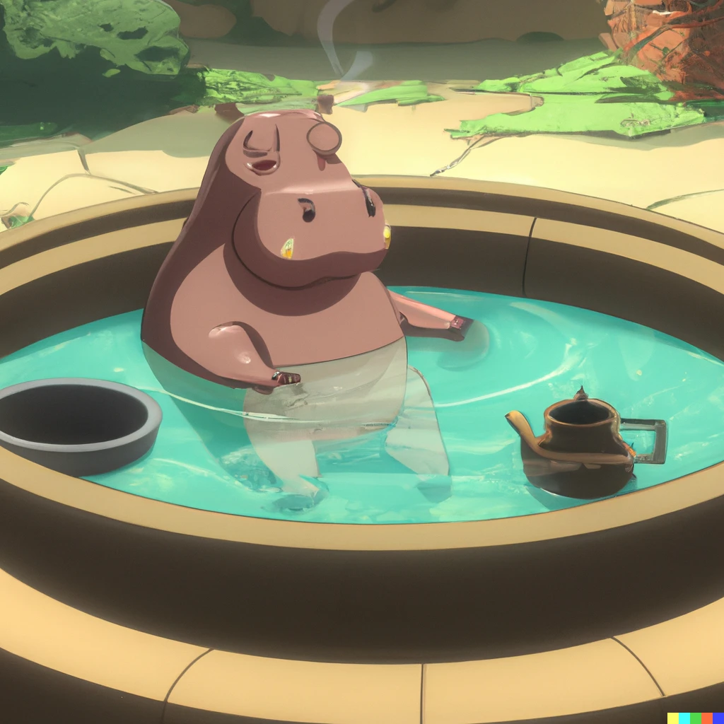 Prompt: Screenshot of the hippo enjoying the hot tub from Hayao Miyazaki’s My Neighbor Hippo