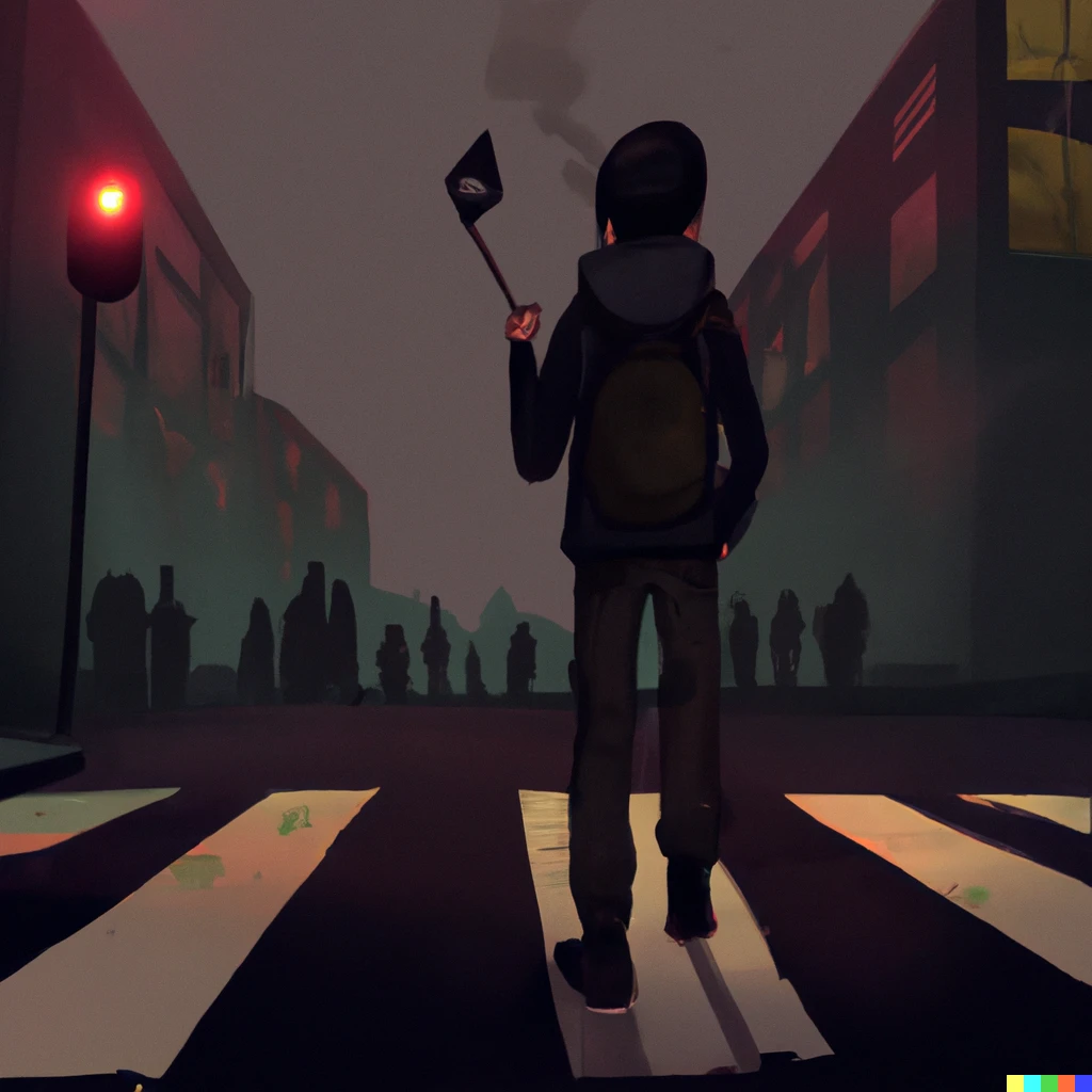 Prompt: A lone protester standing in the street at night, digital art