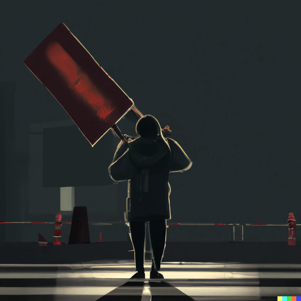 Prompt: A lone protester standing in the street at night, digital art