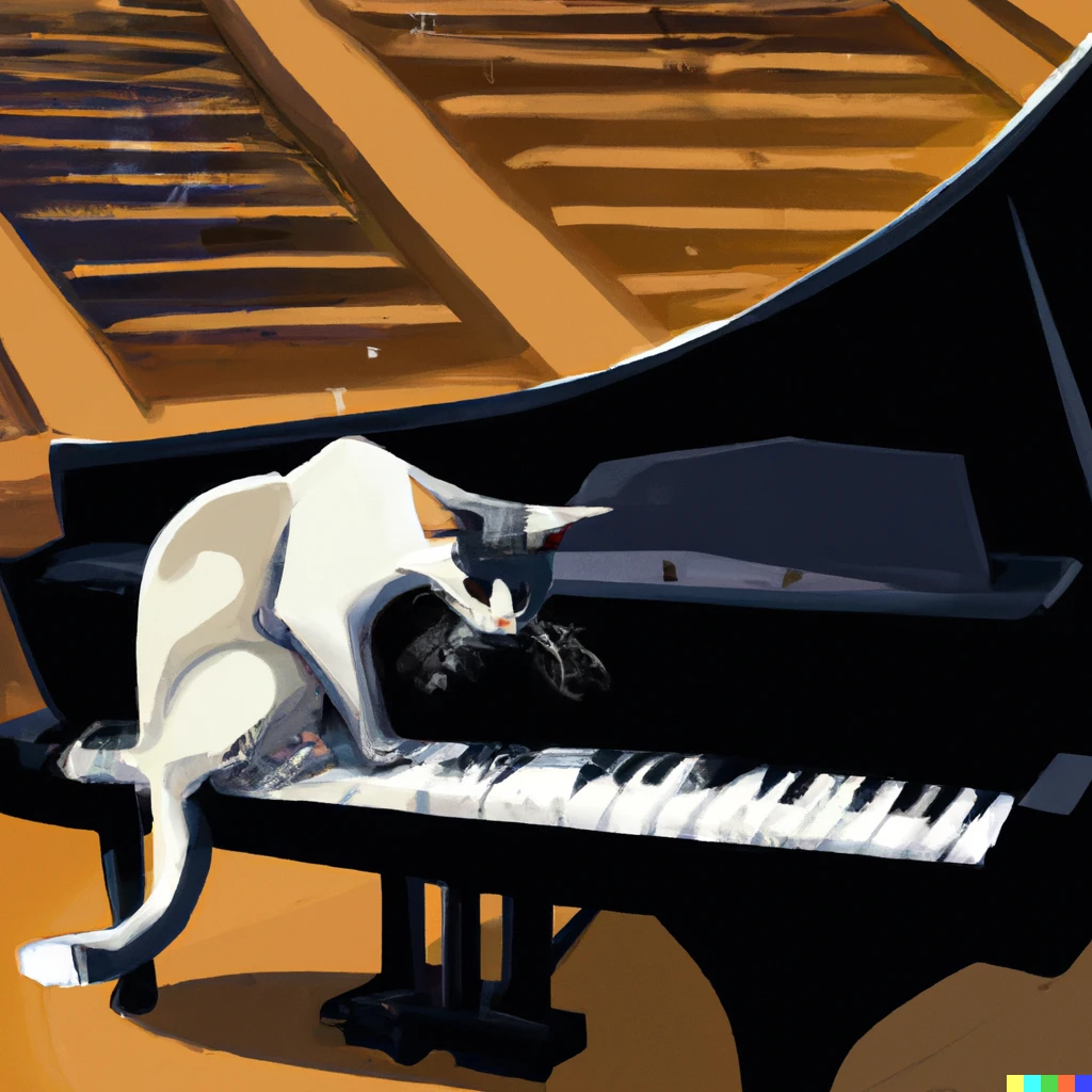 Prompt: A photorealistic image of a cat playing a piano at Sydney opera house 