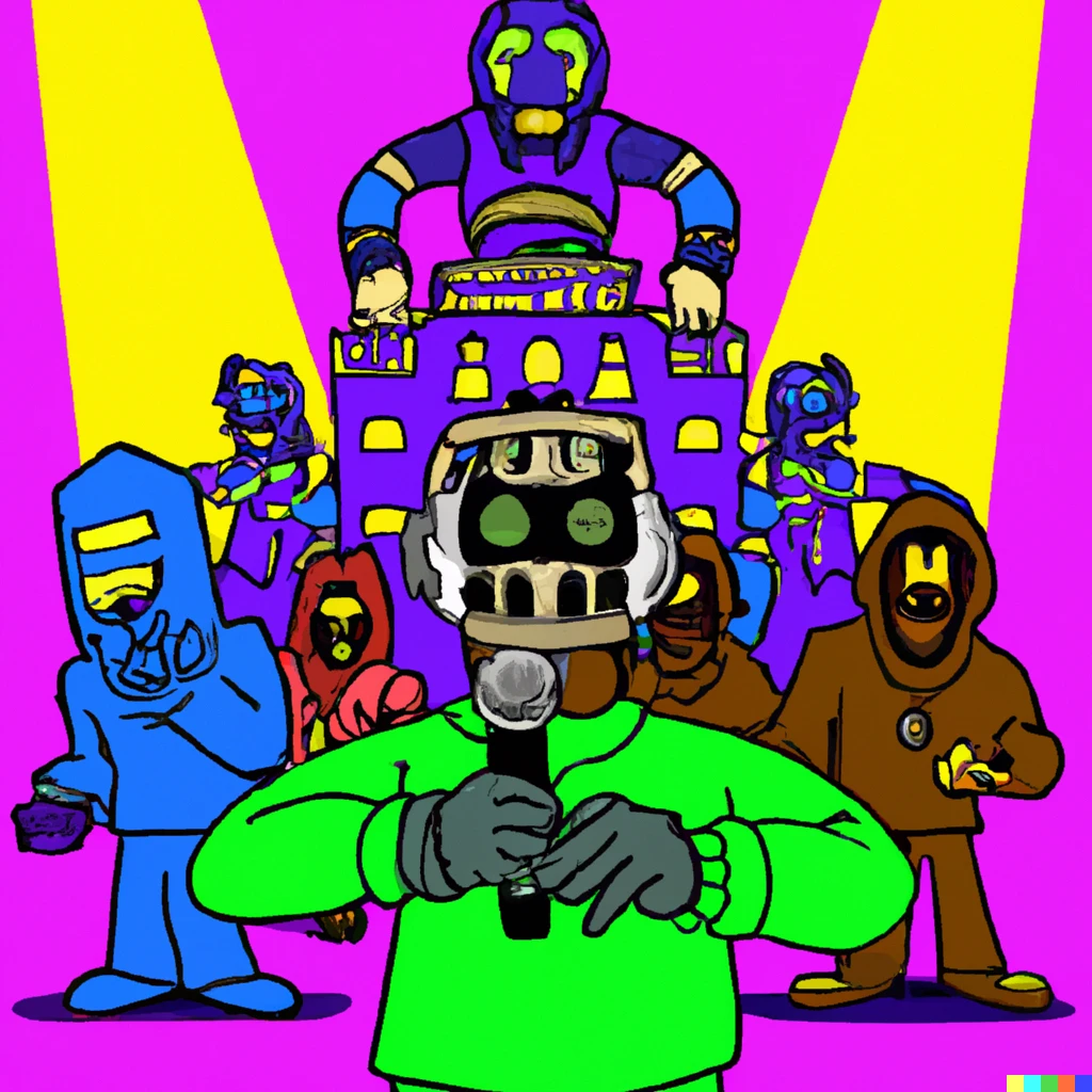 Prompt: Mf doom rapping with doom bots on stage next to the louvre museum in 80s cartoon art style 