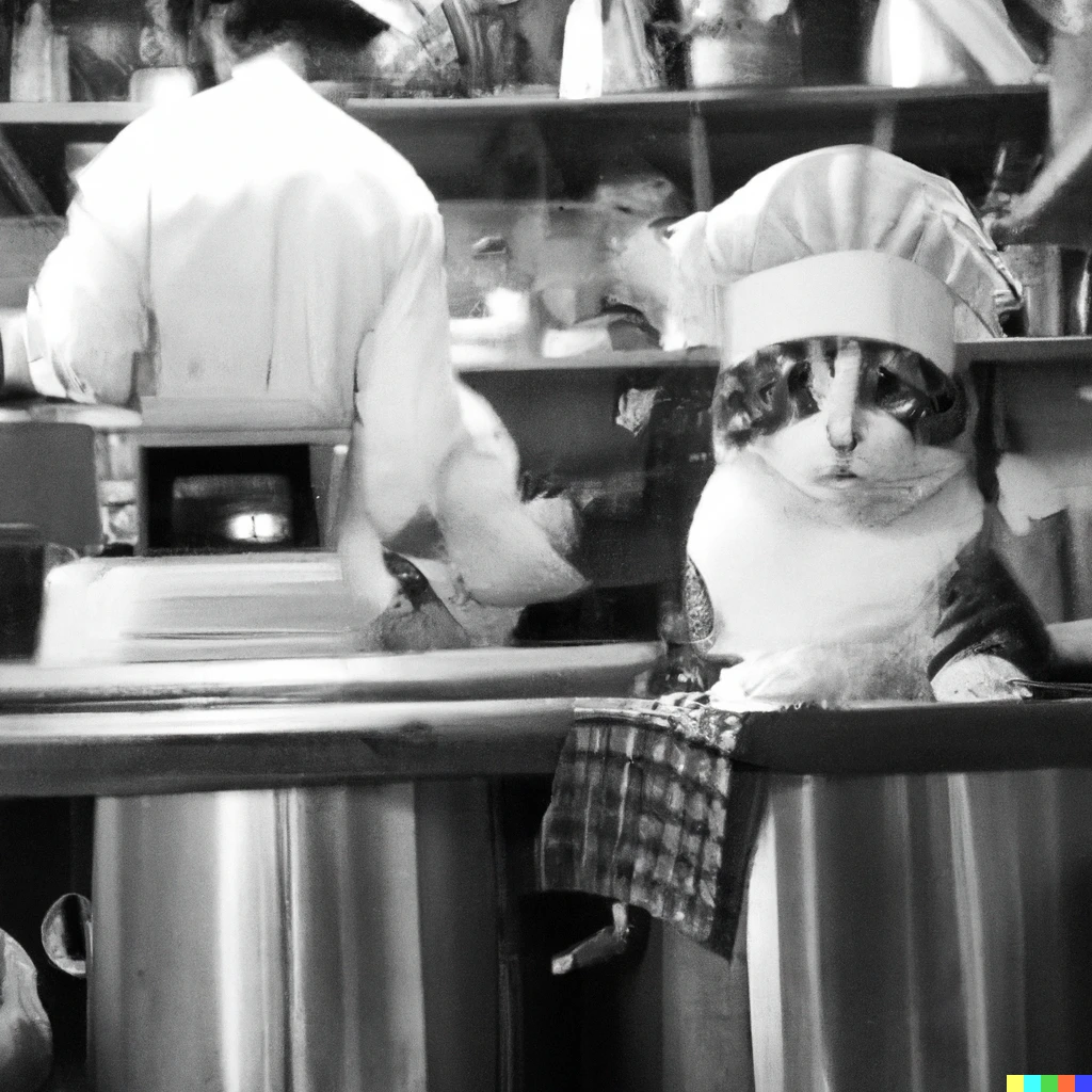 Prompt: black and white movie still of a cat who is a chef cooking in a busy kitchen restaurant