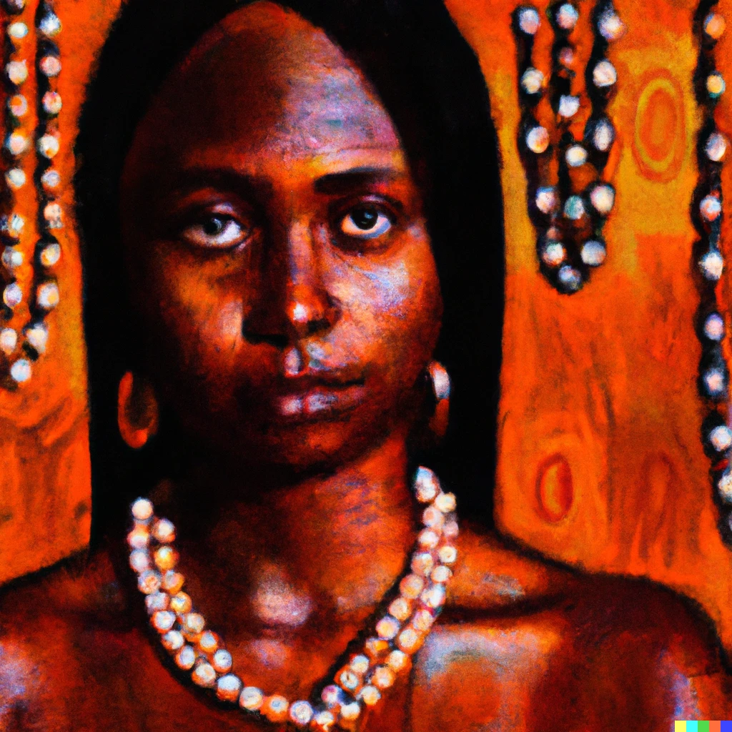 Prompt: impressionist style of an african woman with beads and amulets as a mona lisa painting