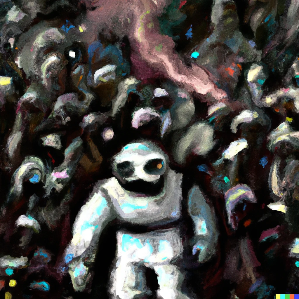 Prompt: An impressionist painting of MF DOOM performing in front of a crowd of doom bots in space 
