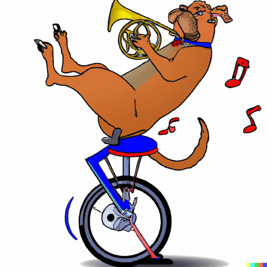 Prompt: A dog playing a tuba while riding a unicycle 