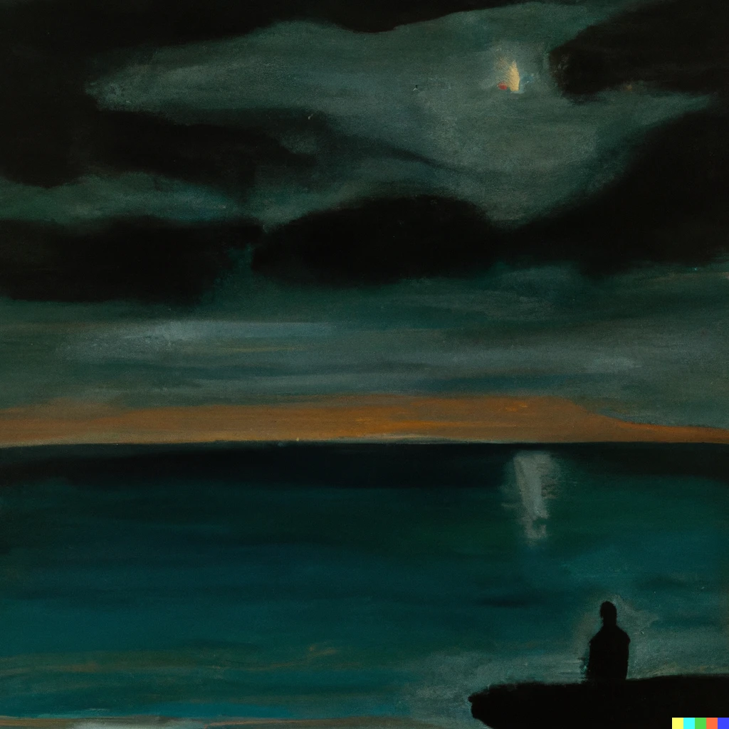 Prompt: Despair and sadness by the seashore in the moonlight oil painting 