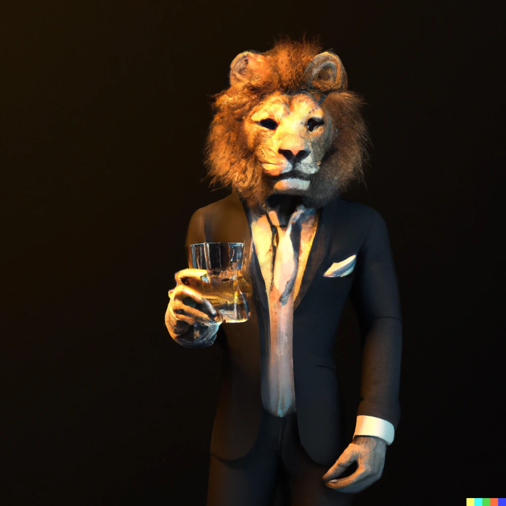 Prompt: Lion head man wearing a tuxedo holding a glass of whiskey 3D render