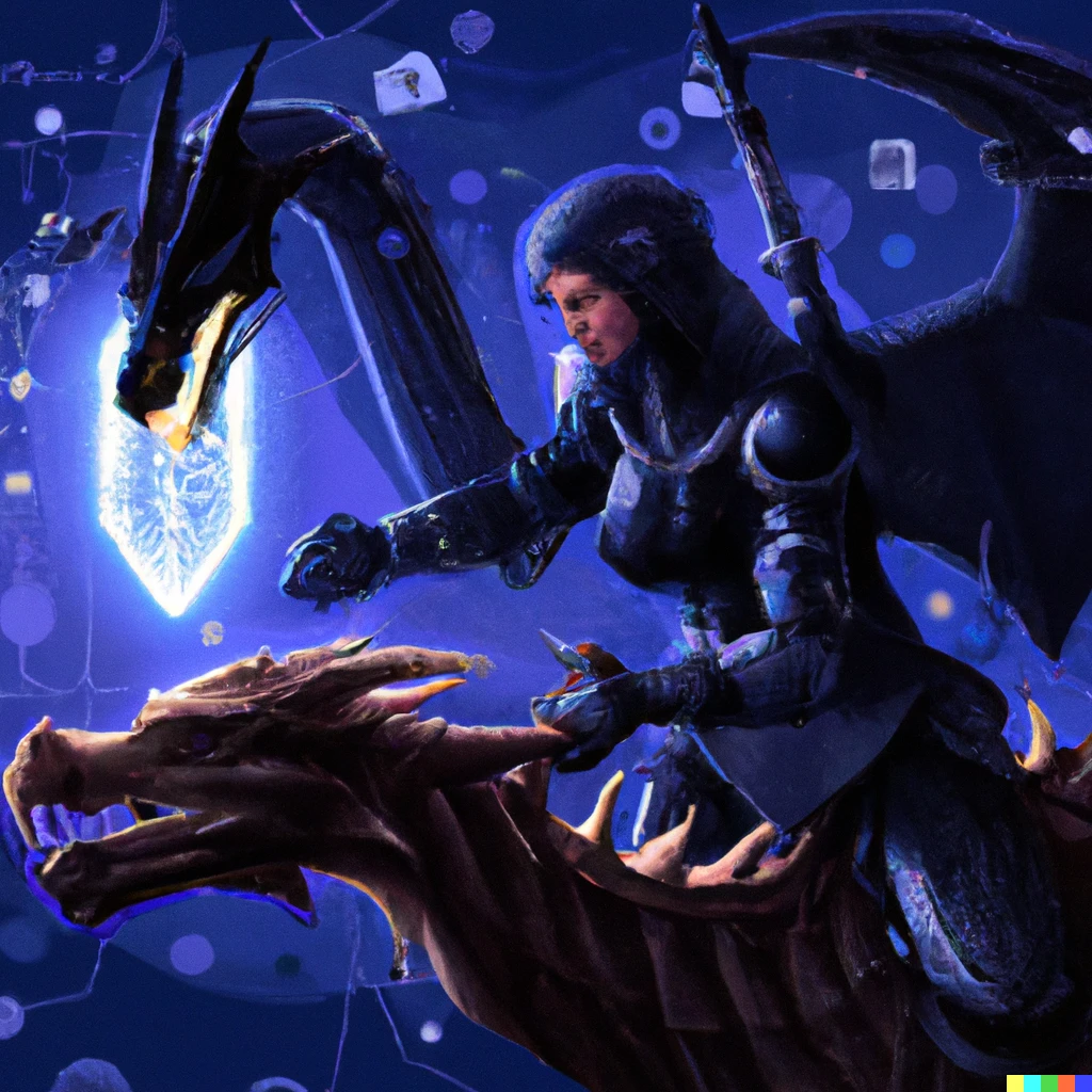 Prompt: Beautiful Fantasy knight uses blockchain to defeat evil dragon. Digital art 