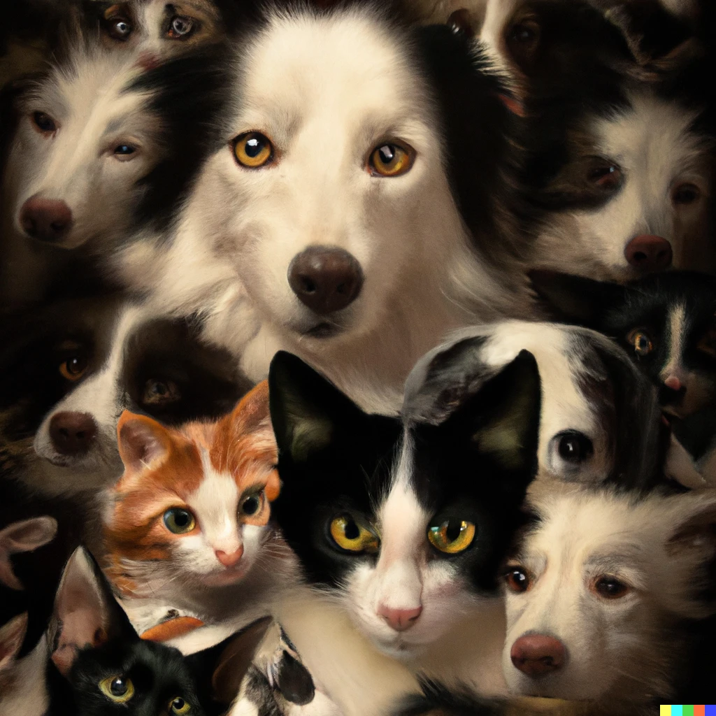 Prompt: Portrait d'un border collie entouré d'une famille de 117 chats, digital art