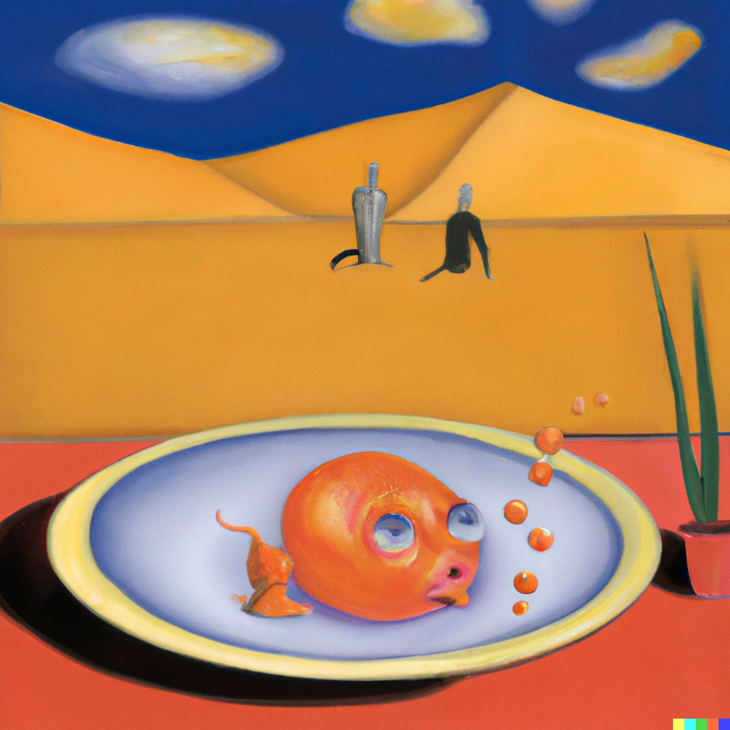 Prompt: Absurdist painting of a sweaty bowling ball being placed into a goldfish bowl on a dining table on a desert mesa 