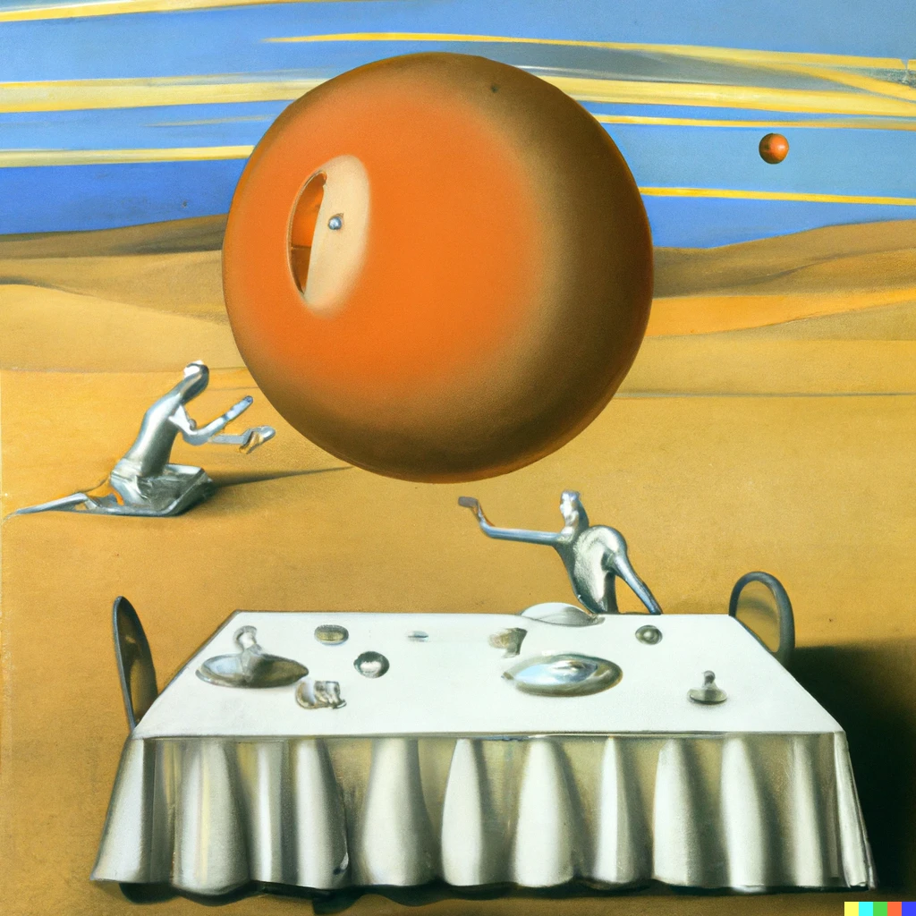 Prompt: Absurdist painting of a sweaty bowling ball being placed into a goldfish bowl on a dining table on a desert mesa 