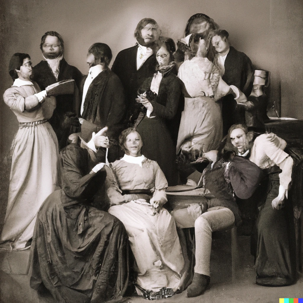 Prompt: Joseph Smith 19th century photography with his many wives in the style of absurdism