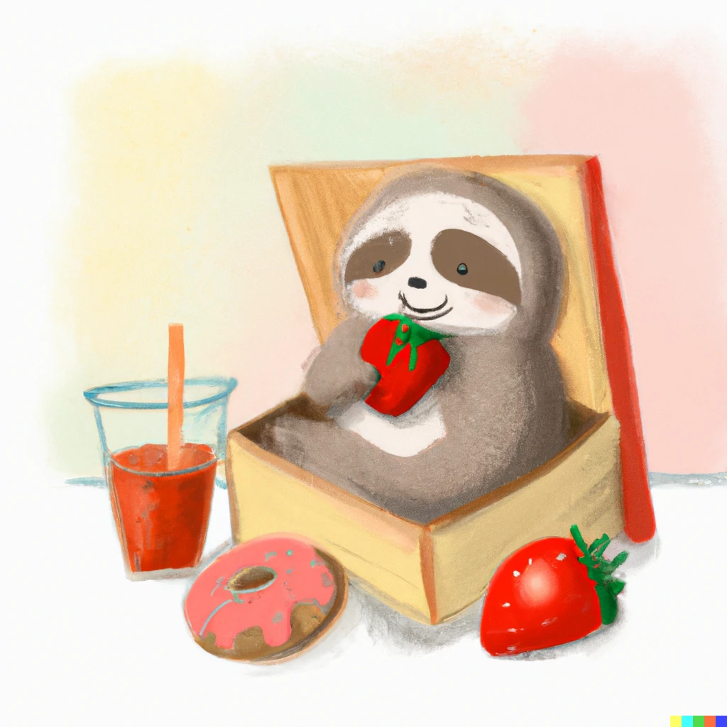 Prompt: A cute sloth reading a book in a library with a cup of apple tea and three strawberries donuts in a box 