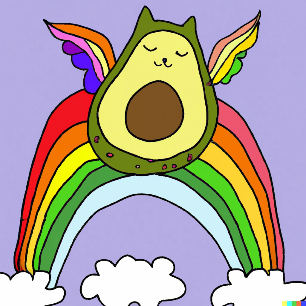 Prompt: A cat in a avocado shape flying above a rainbow 