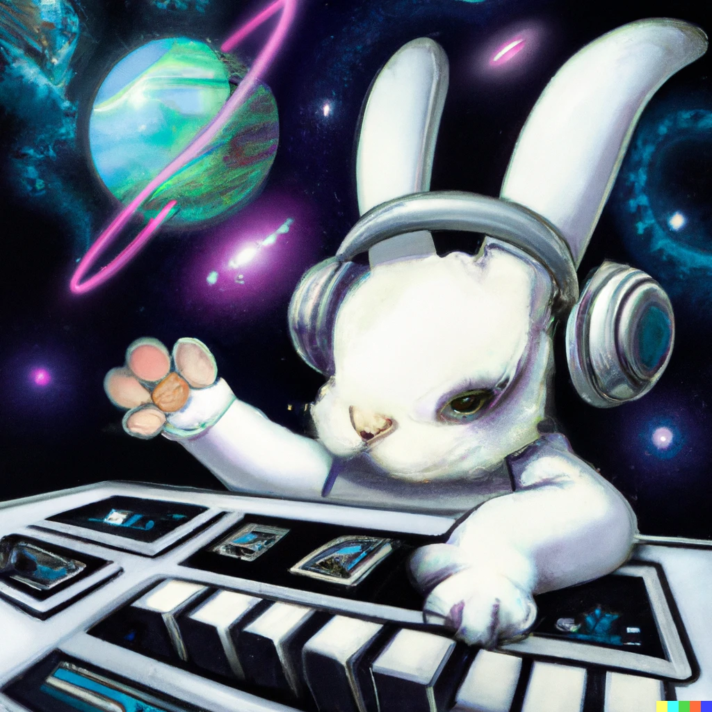 Prompt: A white netherland dwarf astronaut bunny playing a synthesizer with sci-fi backgrounds of diferent realms, planets, stars and galaxies