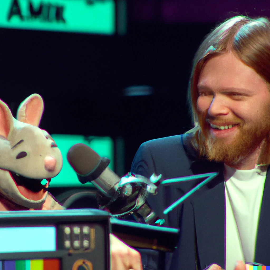 Prompt: Aphex Twin and Topo Gigio co-host an entertainment TV late night show, these are some of their best moments on air 