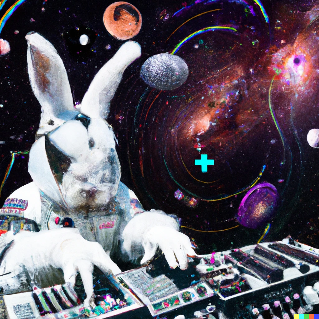 Prompt: A hyperdetailed portrait of a white netherland dwarf astronaut bunny in full space suit playing a modular synthesizer with sci-fi backgrounds of diferent realms, planets, stars and galaxies