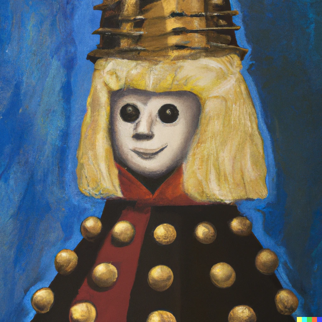Prompt: An oil painting of a Dalek dressed as the queen of england with a blond wig