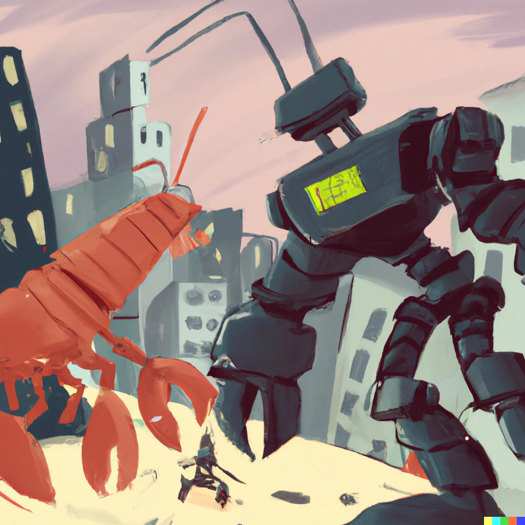 Prompt: A giant robot and a lobster fighting in the city digital art