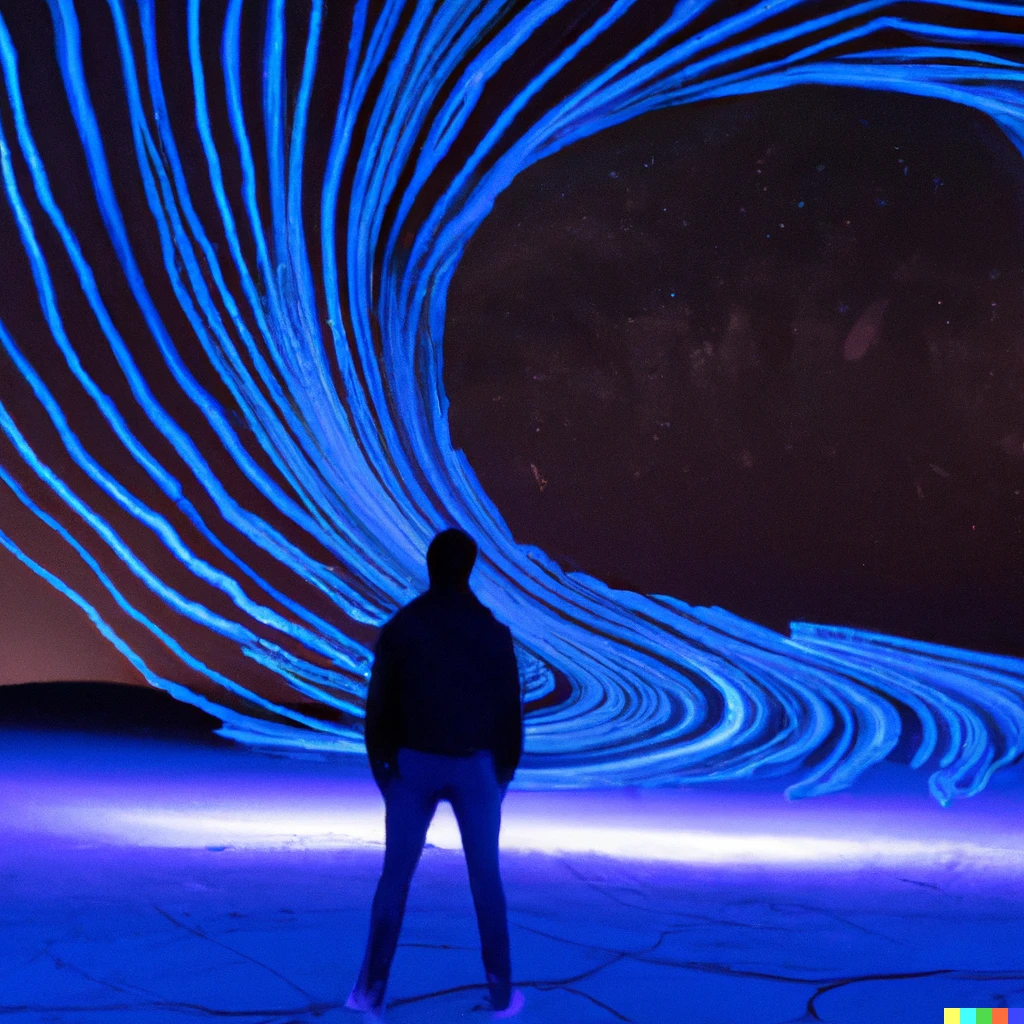 Prompt: a man standing in front of an electric blue vortex in the desert under the nighttime sky