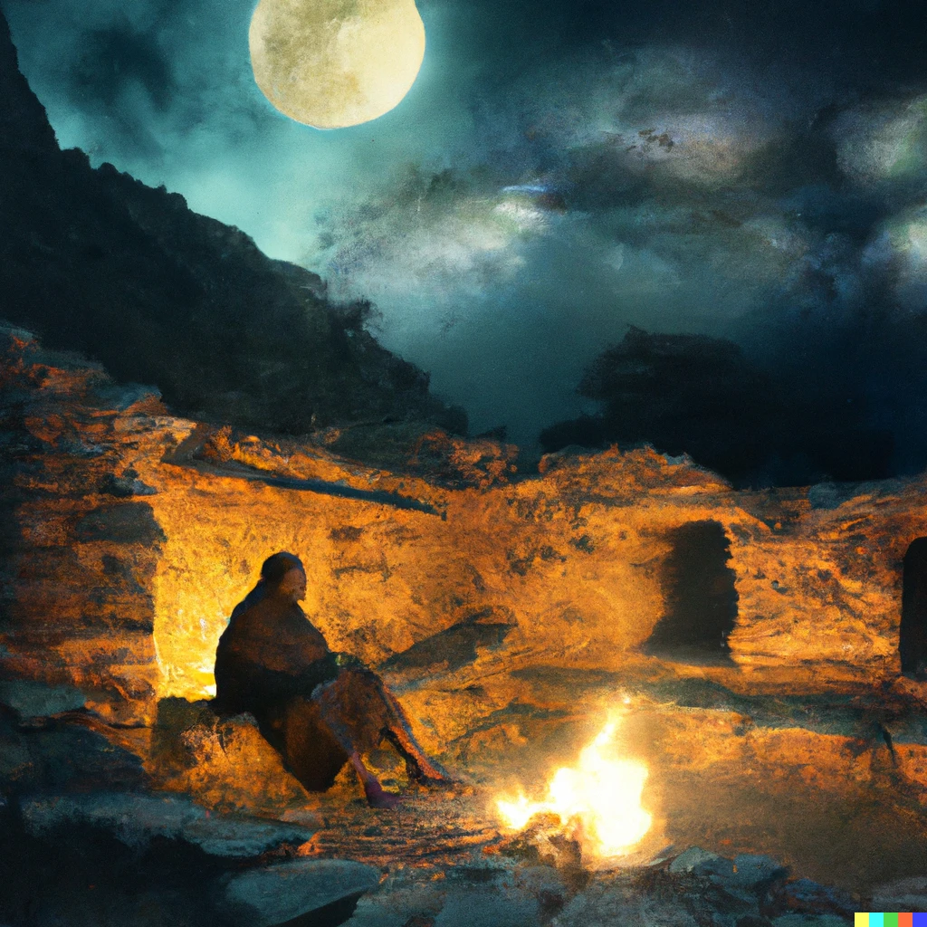 Prompt: a man sitting at a camp fire at an ancient ruin under a moonlit sky