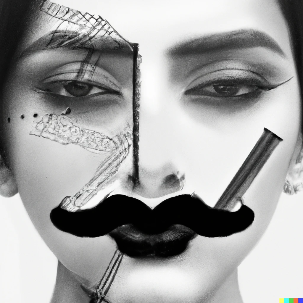 Prompt: A portrait of serendipity as a Duchamps's L.H.O.O.Q. of a cybernetic girl with a pencil-thin moustache conceptual digital art