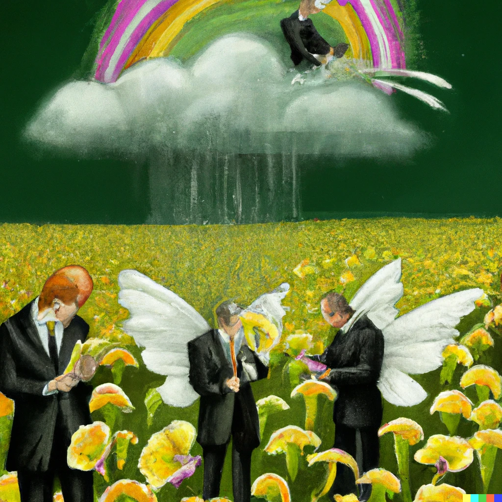 Prompt: Wisdom is raining into a flowering field of playful ideas while winged clerks wearing suits carry on with pollination digital art