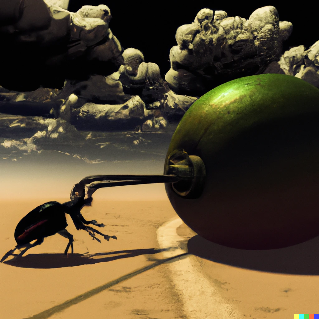 Prompt: A trance dung beetle pushing its large ball of manure featuring an Archimedes lever in a desert storm conceptual digital art