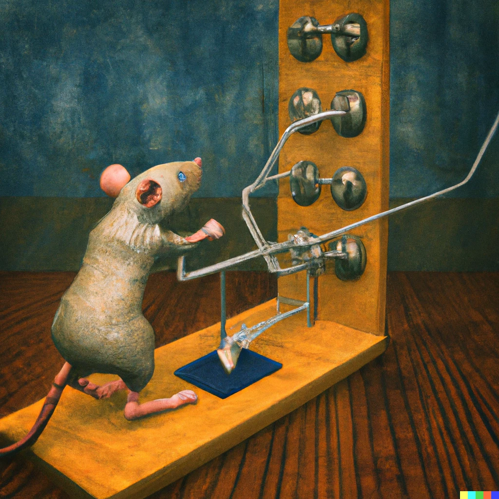 Prompt: A humanoid rat repeatedly pushing a lever for rewarding neural stimulation conceptual digital art