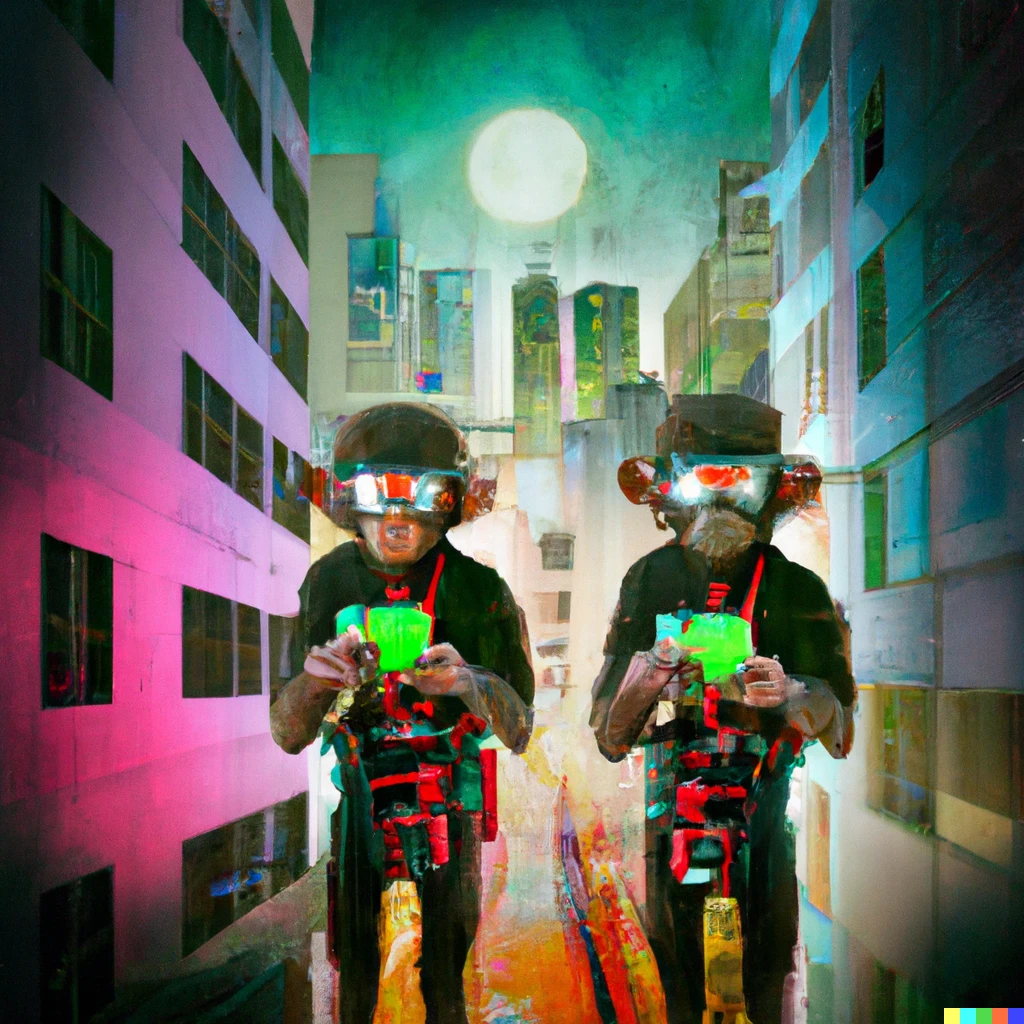 Prompt: Hedonic monkeys wearing night goggles and lasergun smartphones roam the cities conceptual digital art