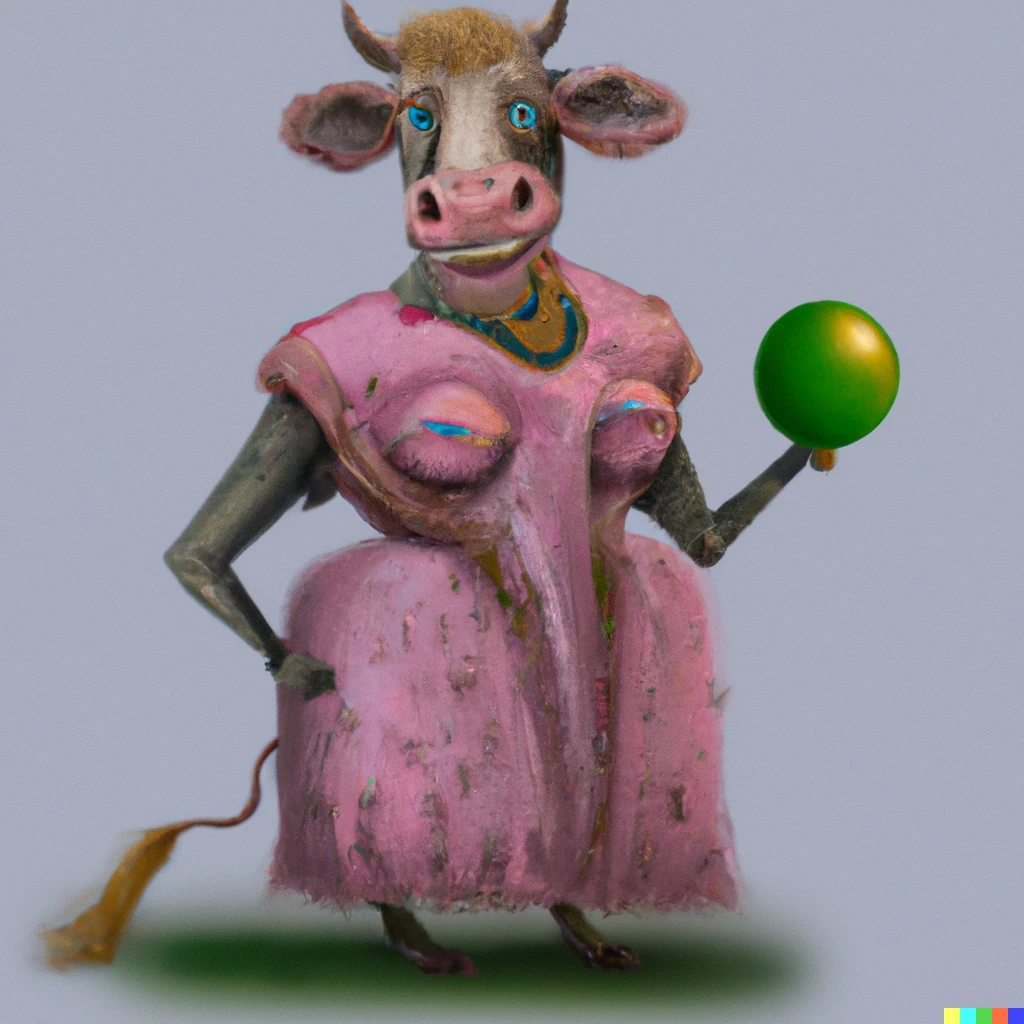Prompt: A smiling cow all dressed up for a ball conceptual digital art