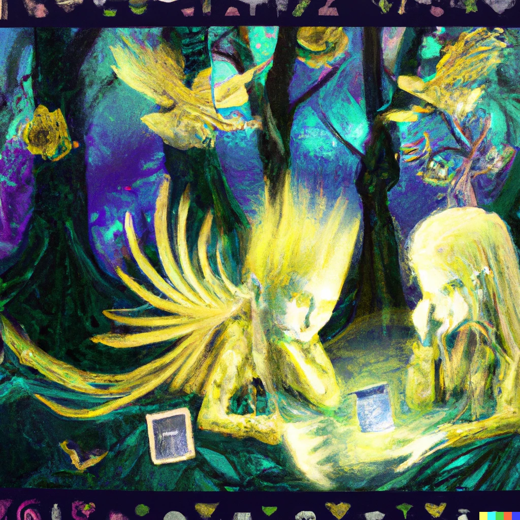 Prompt: Two celestial beings playing cards in Meinong's jungle digital art