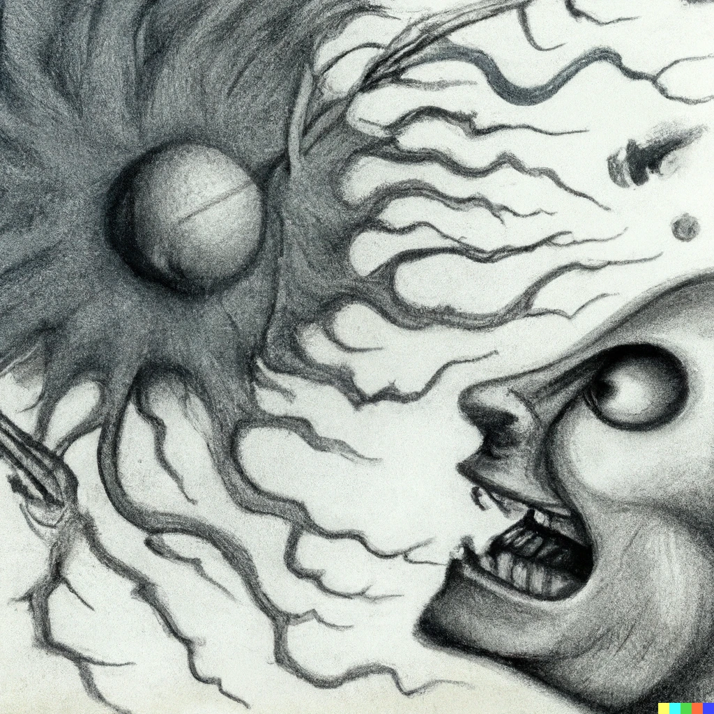 Prompt: Rogue neuron evades from Kafka's head with telluric force firing its axon at the moon surrealist pencil on paper