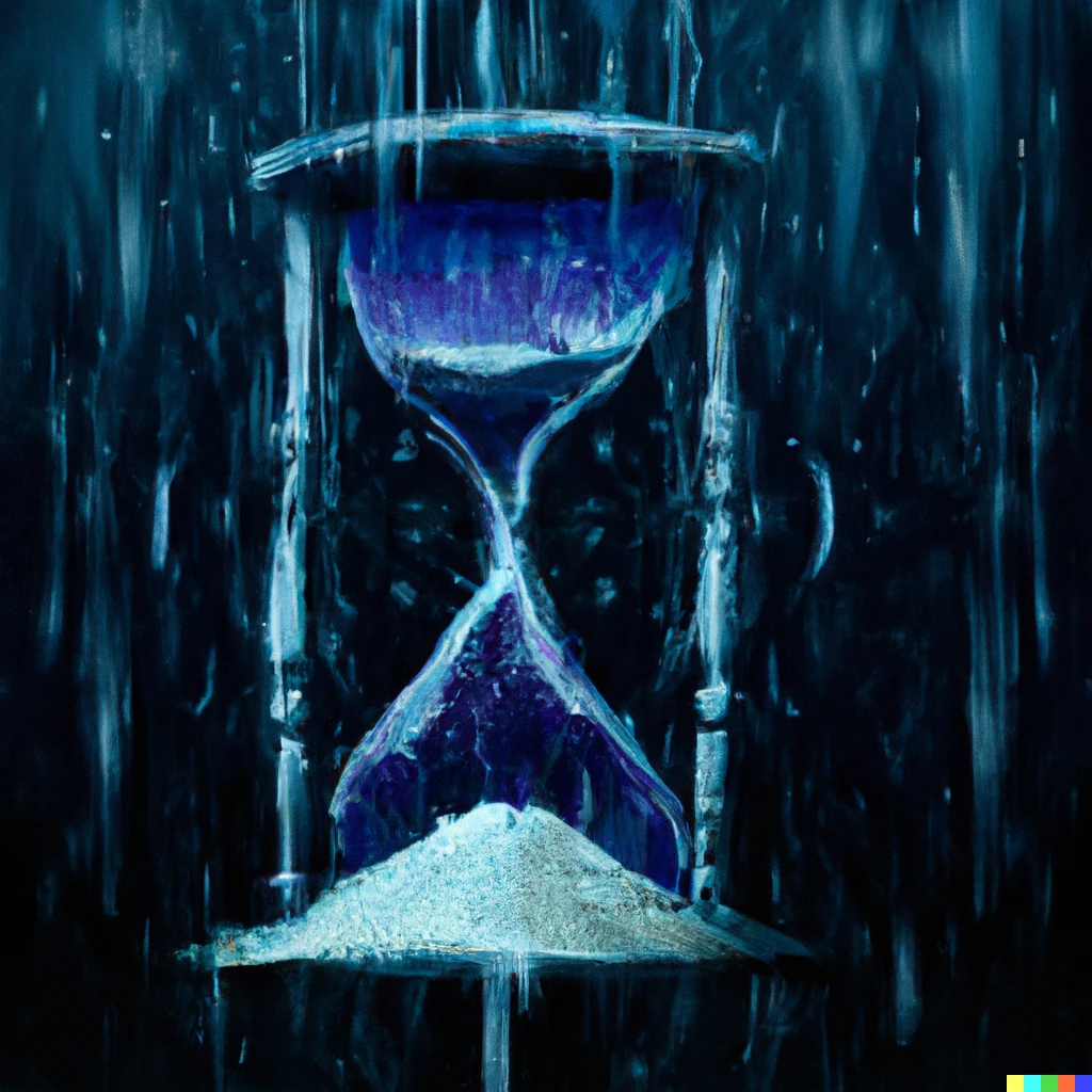 Prompt: The unphantomness of the future and the carelelessness of the Universe about it expressed by rain pouring upwards into an hourglass conceptual digital art
