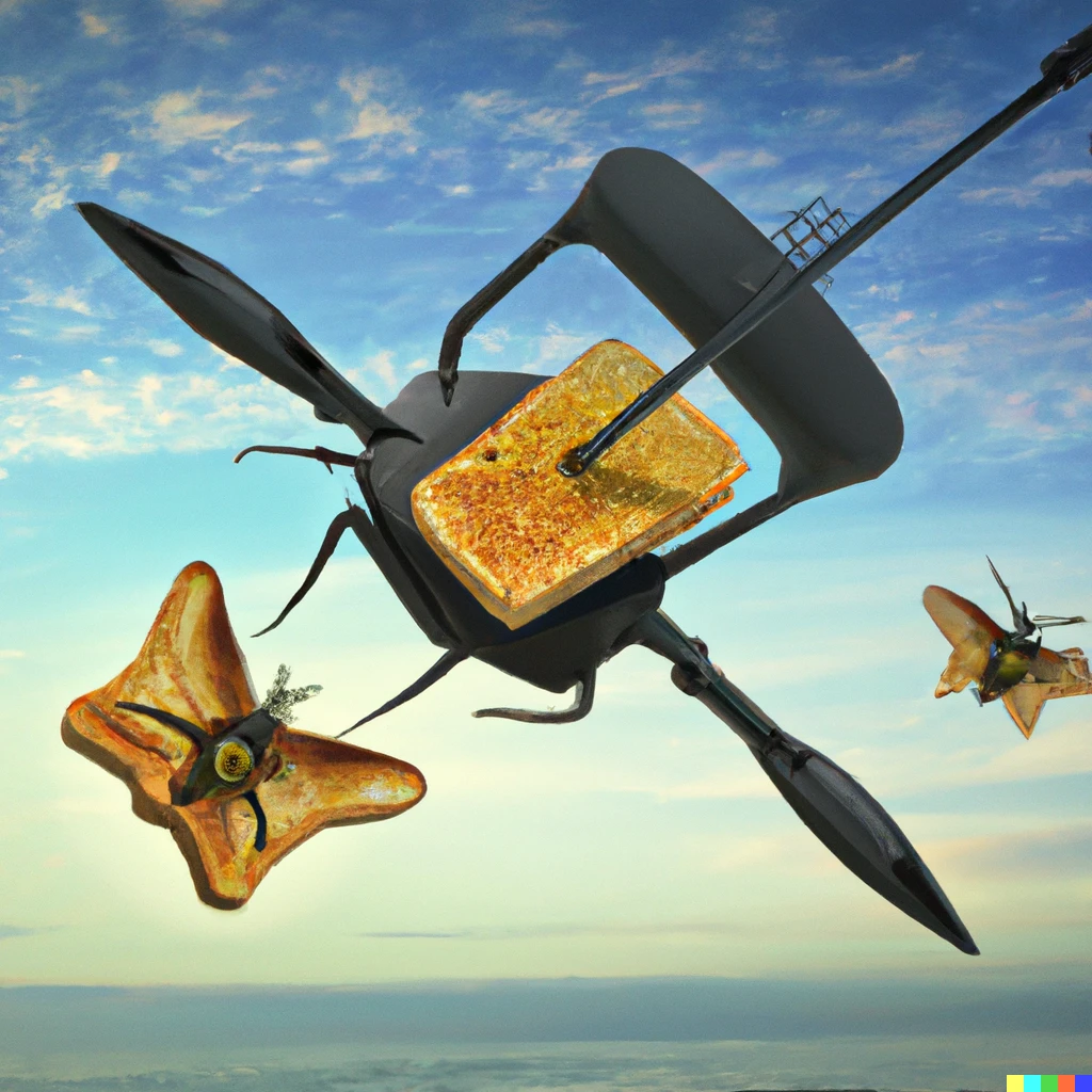 Prompt: A flying pollinator drone interbred from a bread toaster and a fishing harpoon with a trident conceptual digital art