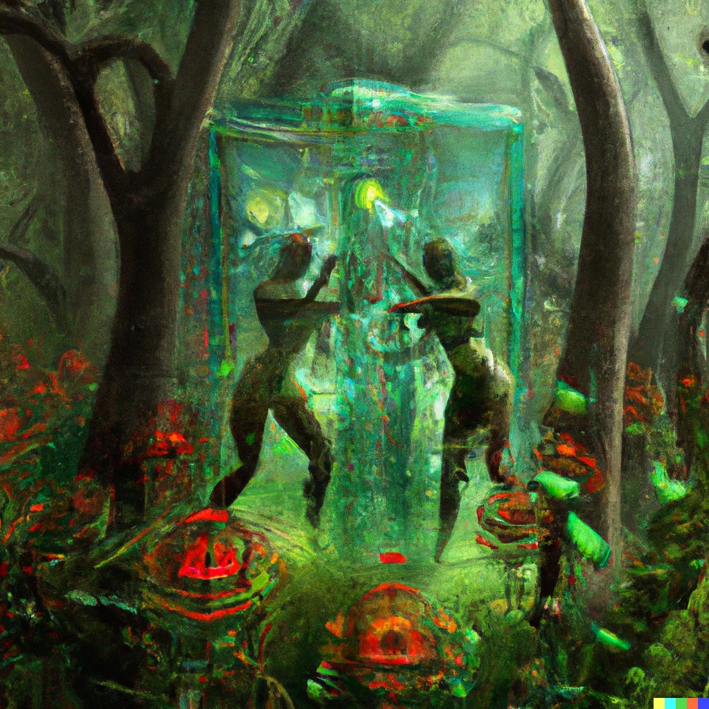 Prompt: Primal nature and techno-nurture dancing the tango inside a tesseract in an enchanted forest conceptual digital art