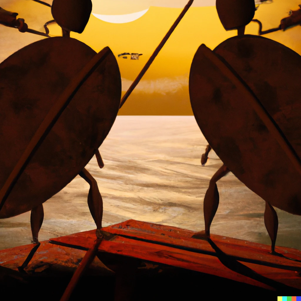 Prompt: A couple of termites dressed as fellow Spartan hoplites standing side by side aboard one trireme at the Egean Sea in a Summer day's sunset conceptual digital art