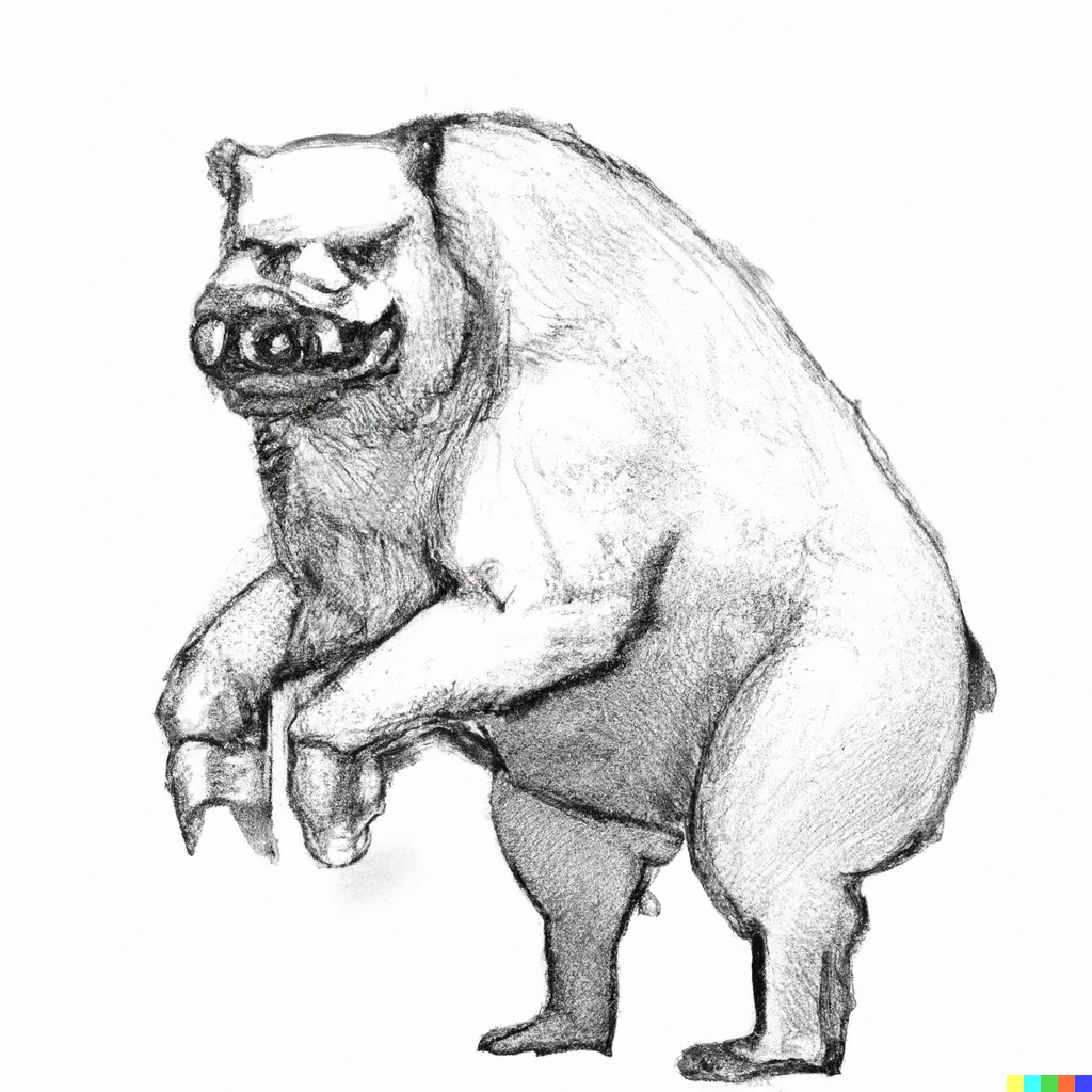Prompt: A sketch of a creature described as "Half man, half bear, half pig. Manbearpig"