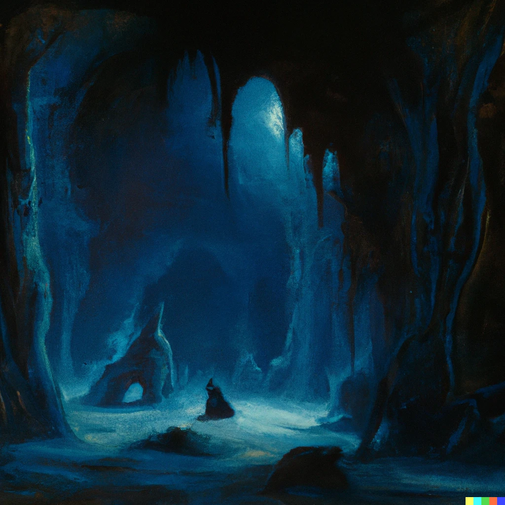 Prompt: A detailed matte painting of a cave dimly lit by a single source of blue and purple light, Zdzislaw Beksinski