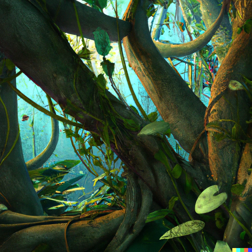 Prompt: A dense jungle with vines and trees reaching high into the sky, sunlight filtering through the leaves by Patrick Woodroffe, low angle looking up, digital art