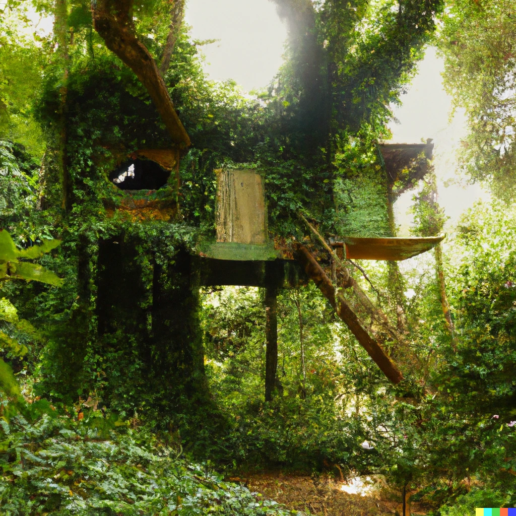 Prompt: A magical tree house in a forest, vines hanging down, photograph