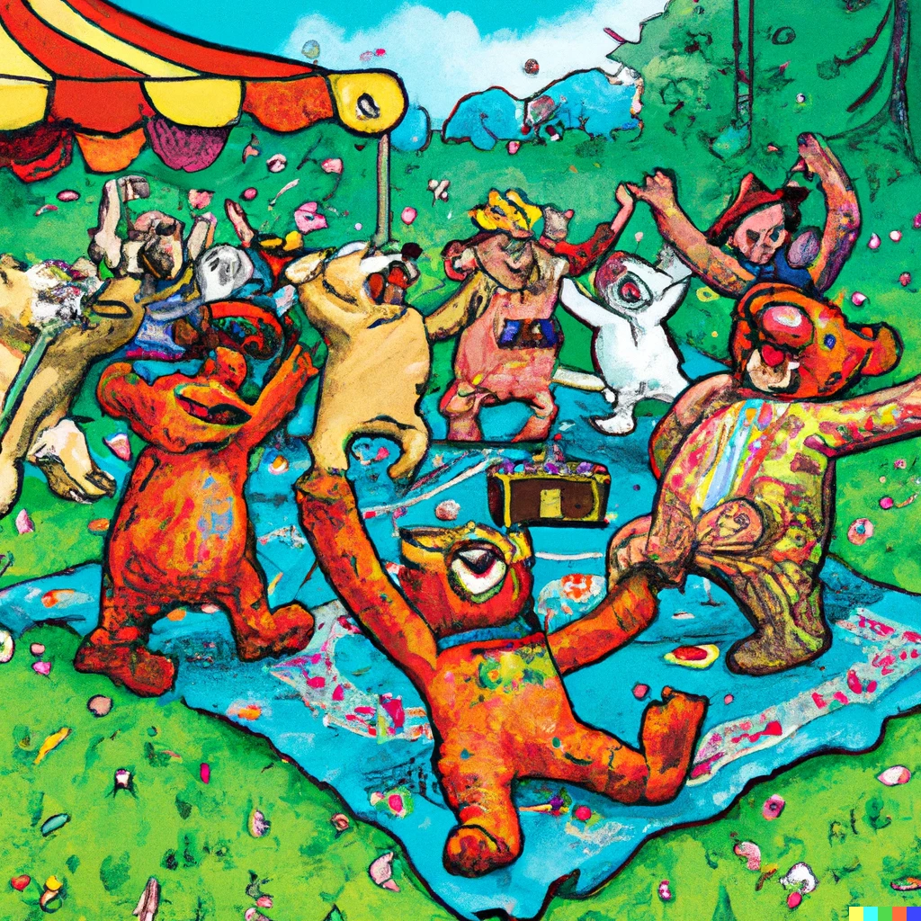 Prompt: Grateful Dead bears dancing at the teddy bears’ picnic, cartoon art
