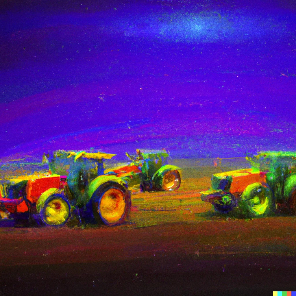 Prompt: Oil painting of rainbow tractors ploughing at night