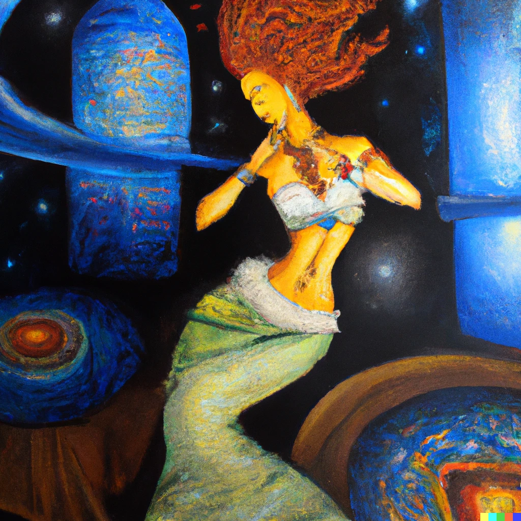 Prompt: A van Gogh painting of a belly dancer in a space shuttle night club.