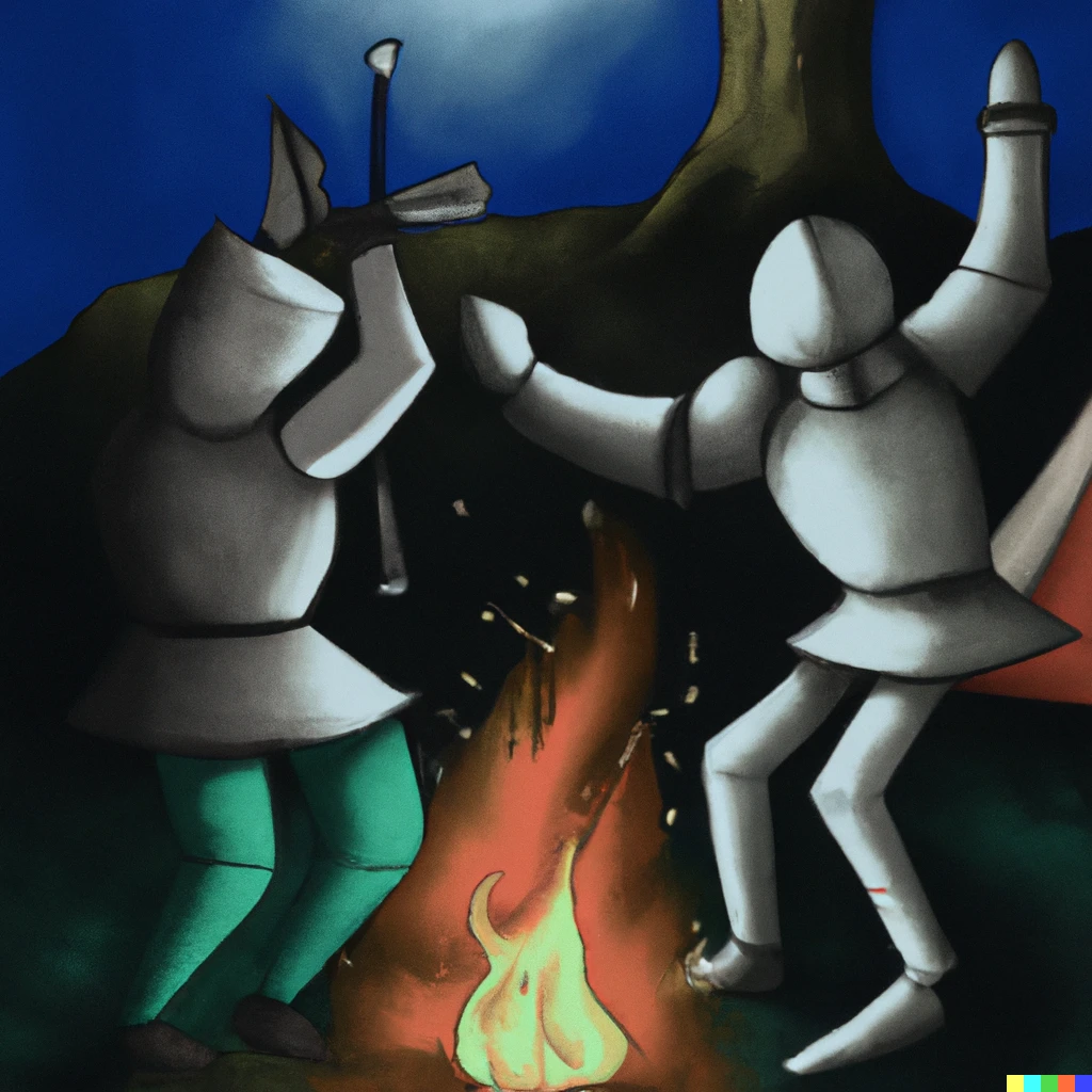 Prompt: Two knights dancing in the night around a campfire, digital art.