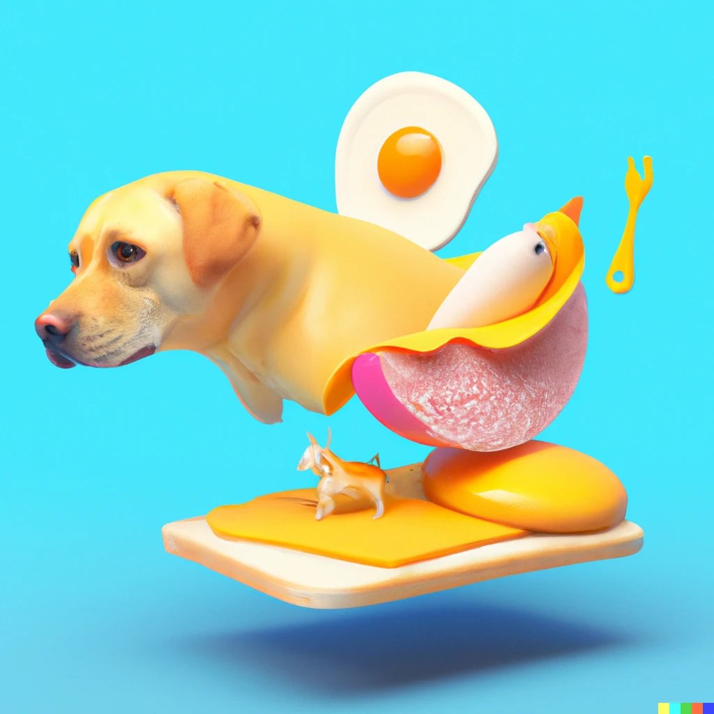 Prompt: 3d render of a yellow female labrabull , floating in the middle of a breakfast  biscuit  layered with eggs cheese and a fish filet, colorful background 